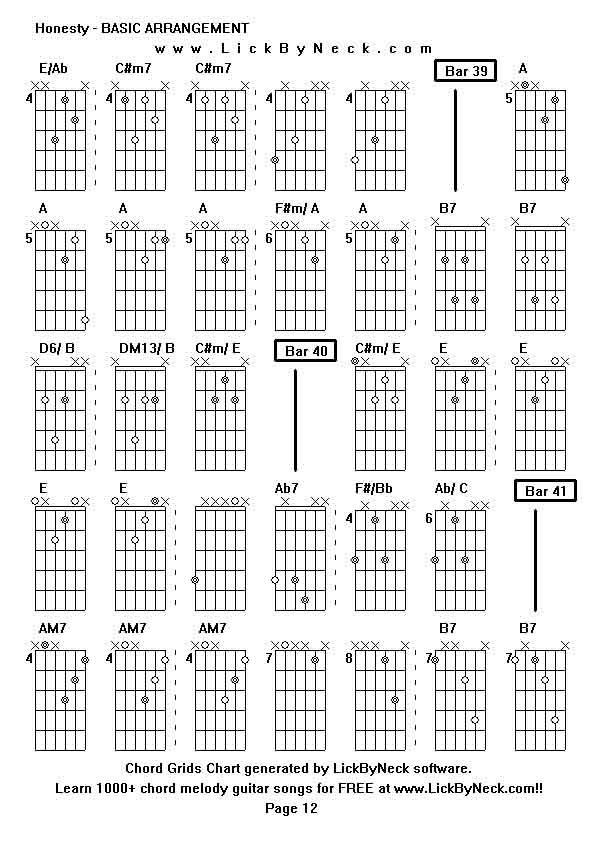 Chord Grids Chart of chord melody fingerstyle guitar song-Honesty - BASIC ARRANGEMENT,generated by LickByNeck software.